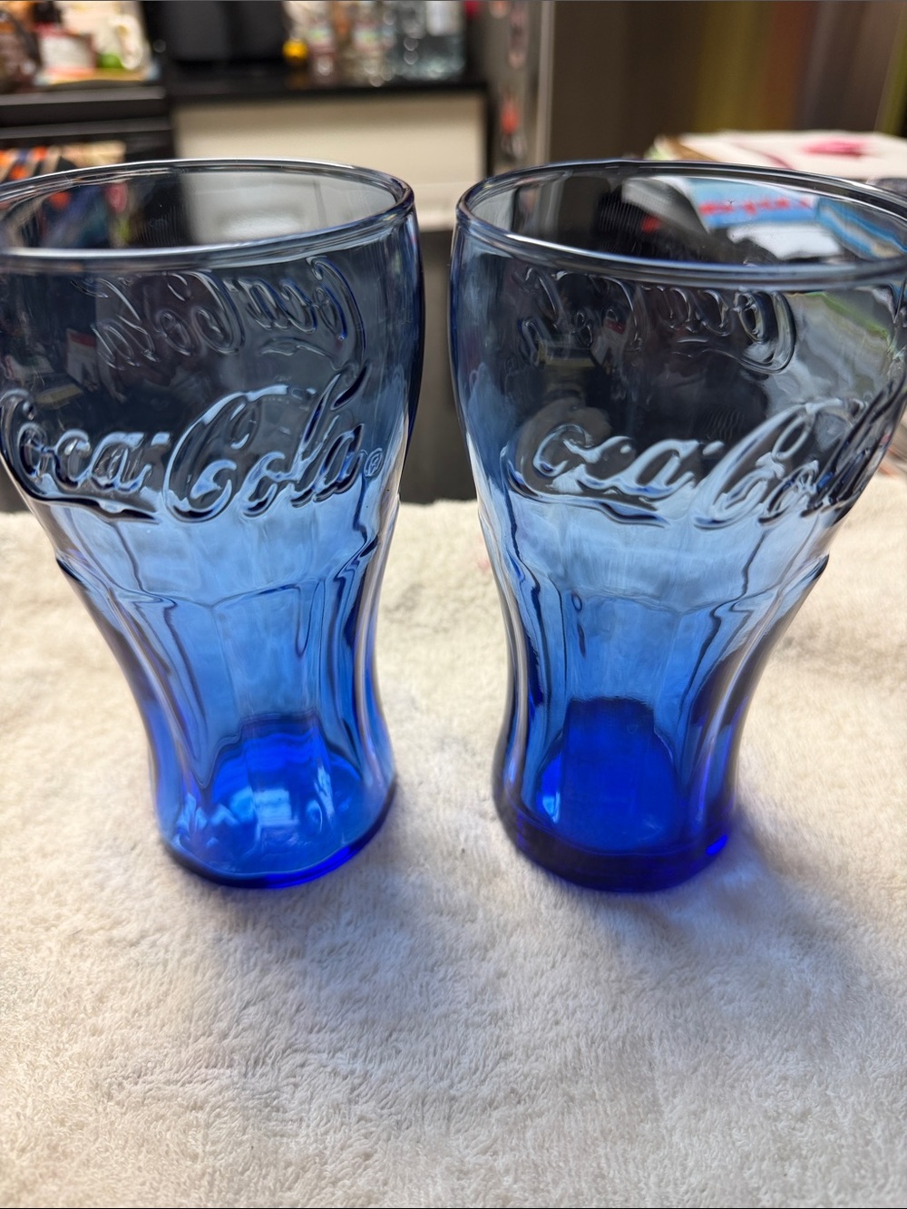 Coca Cola Cobalt Blue Embossed Glass Tumblers - Pair